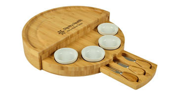 Bamboo Swivel Cheese / Charcuterie Board with 4 integrated ceramic bowls and 3 piece knife set